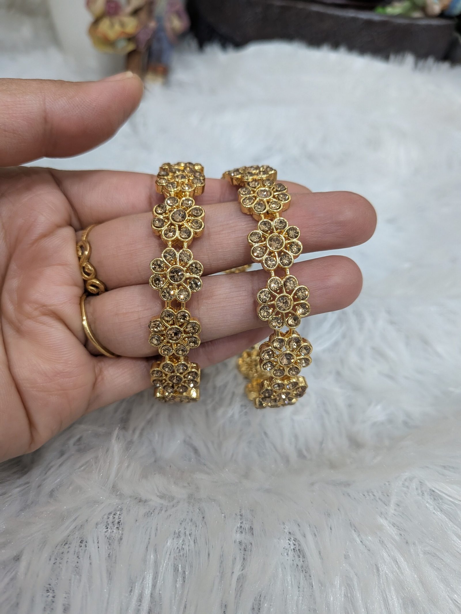 Antique Gold Crystal Floral Bangle - Image 2