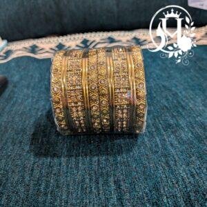 Antique Gold Stone-Studded Broad Bangles