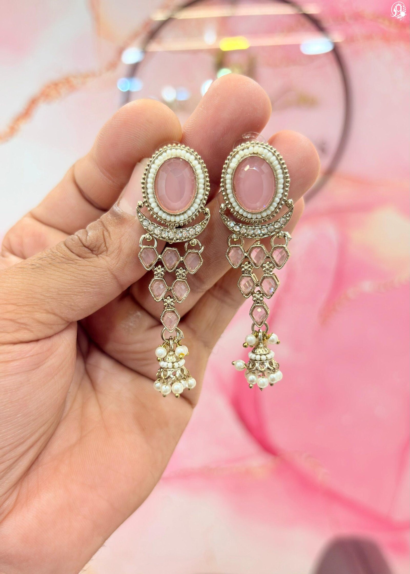 Baby Pink Kundan Chandelier Jhumka Earrings