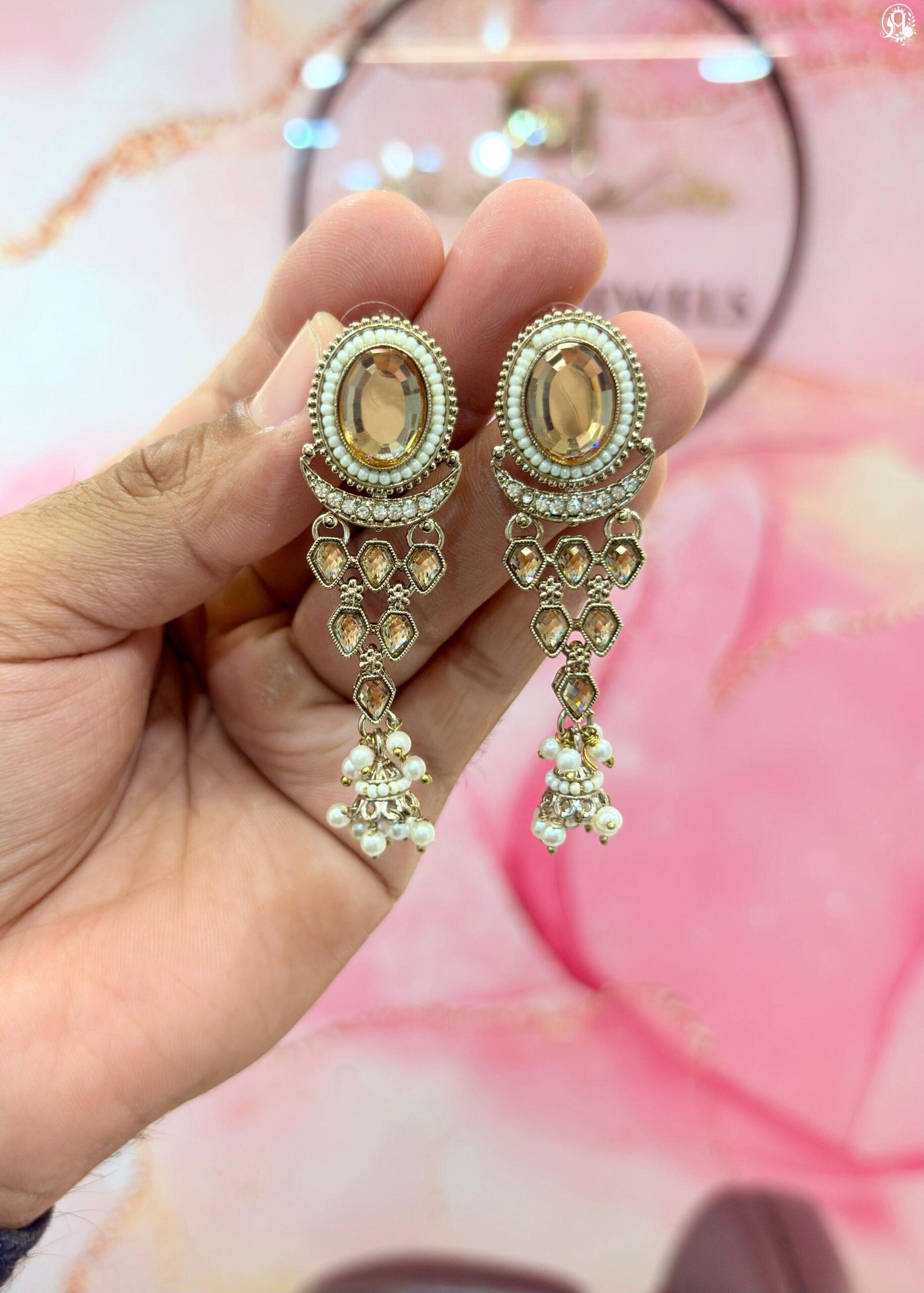 Champagne Kundan Chandelier Jhumka Earrings