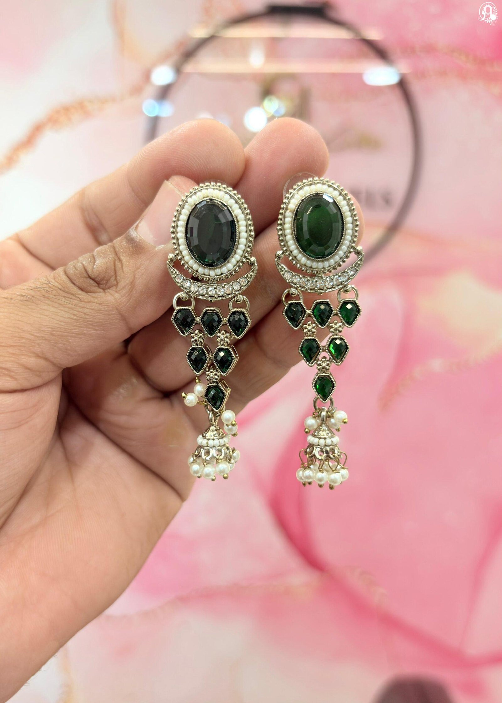 Emerald Green Kundan Chandelier Jhumka Earrings