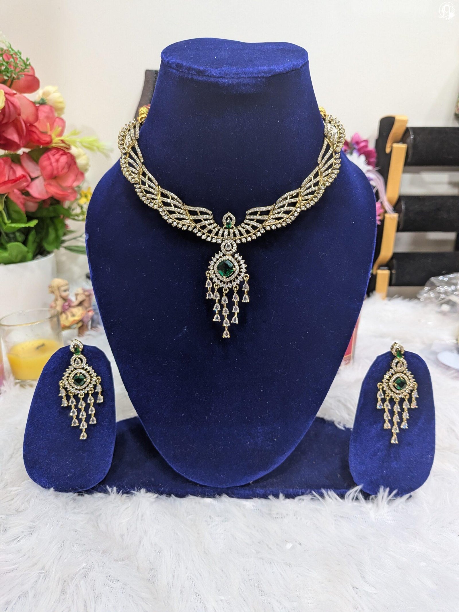 Emerald and Cubic Zirconia (CZ) Choker Set with Jhumki Drop