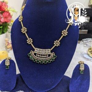 Green Emerald Cubic Zirconia (CZ) Fan-Pendant Floral Chain Necklace Set