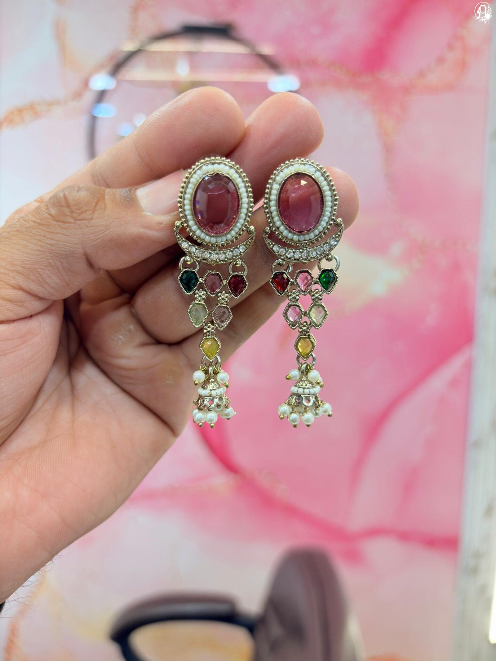 Pink (ruby-tone) Kundan Chandelier Jhumka Earrings