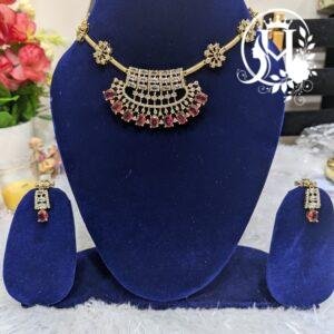 Red Emerald Cubic Zirconia (CZ) Fan-Pendant Floral Chain Necklace Set