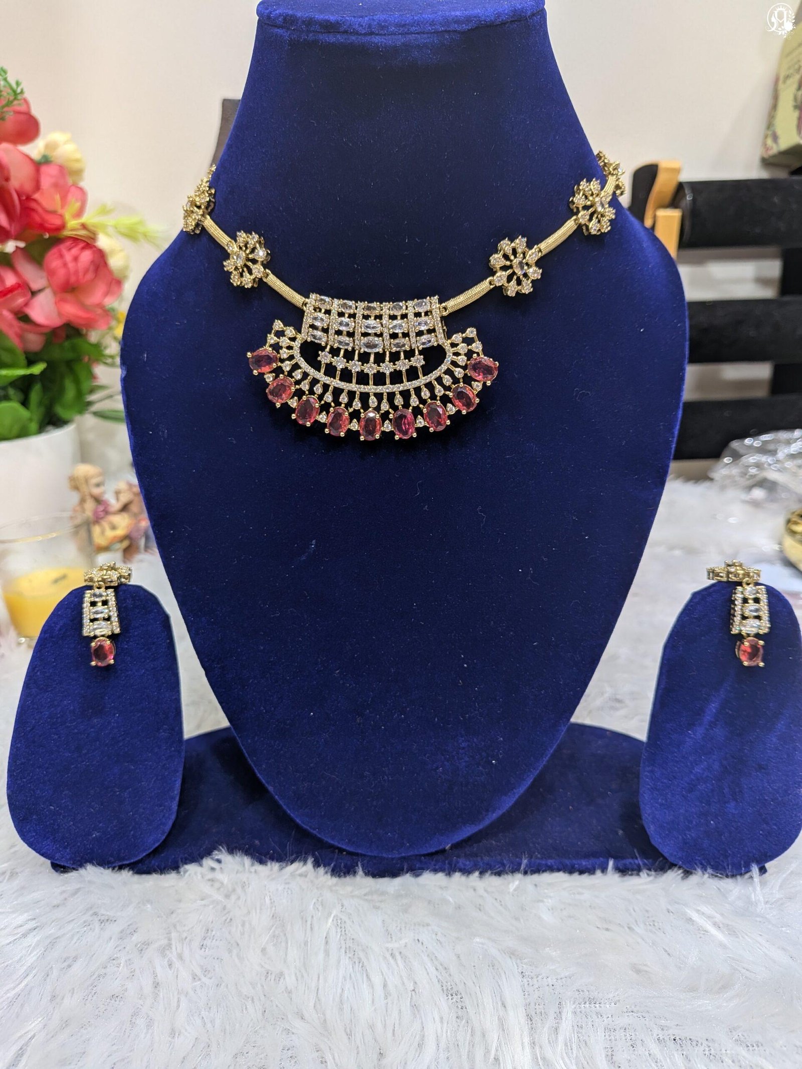 Red Emerald Cubic Zirconia (CZ) Fan-Pendant Floral Chain Necklace Set