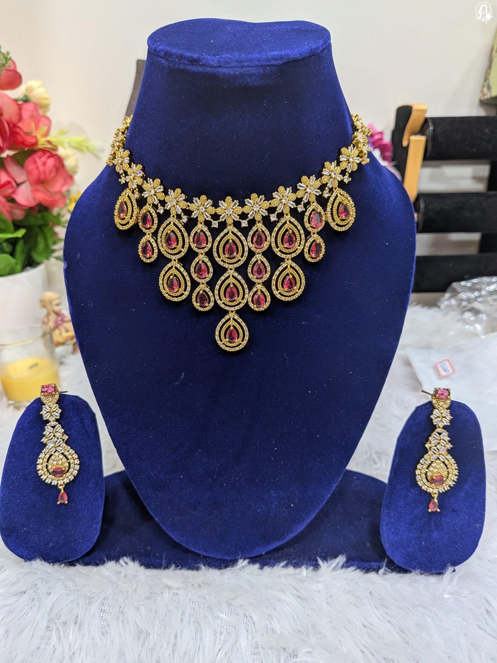 Ruby Cubic Zirconia (CZ) Teardrop Waterfall Choker Set