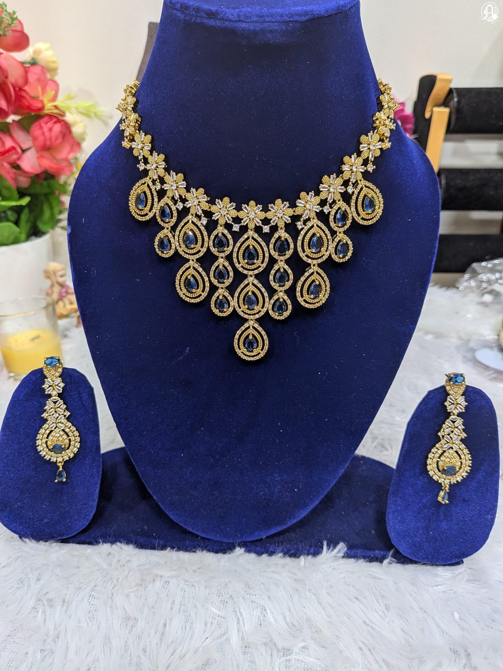 Sapphire Blue Cubic Zirconia (CZ) Teardrop Waterfall Choker Set
